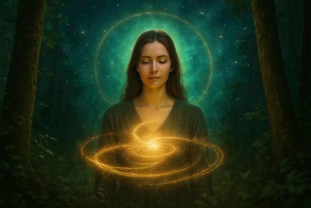 Reiki, Frau in goldenem Lichtwirbel