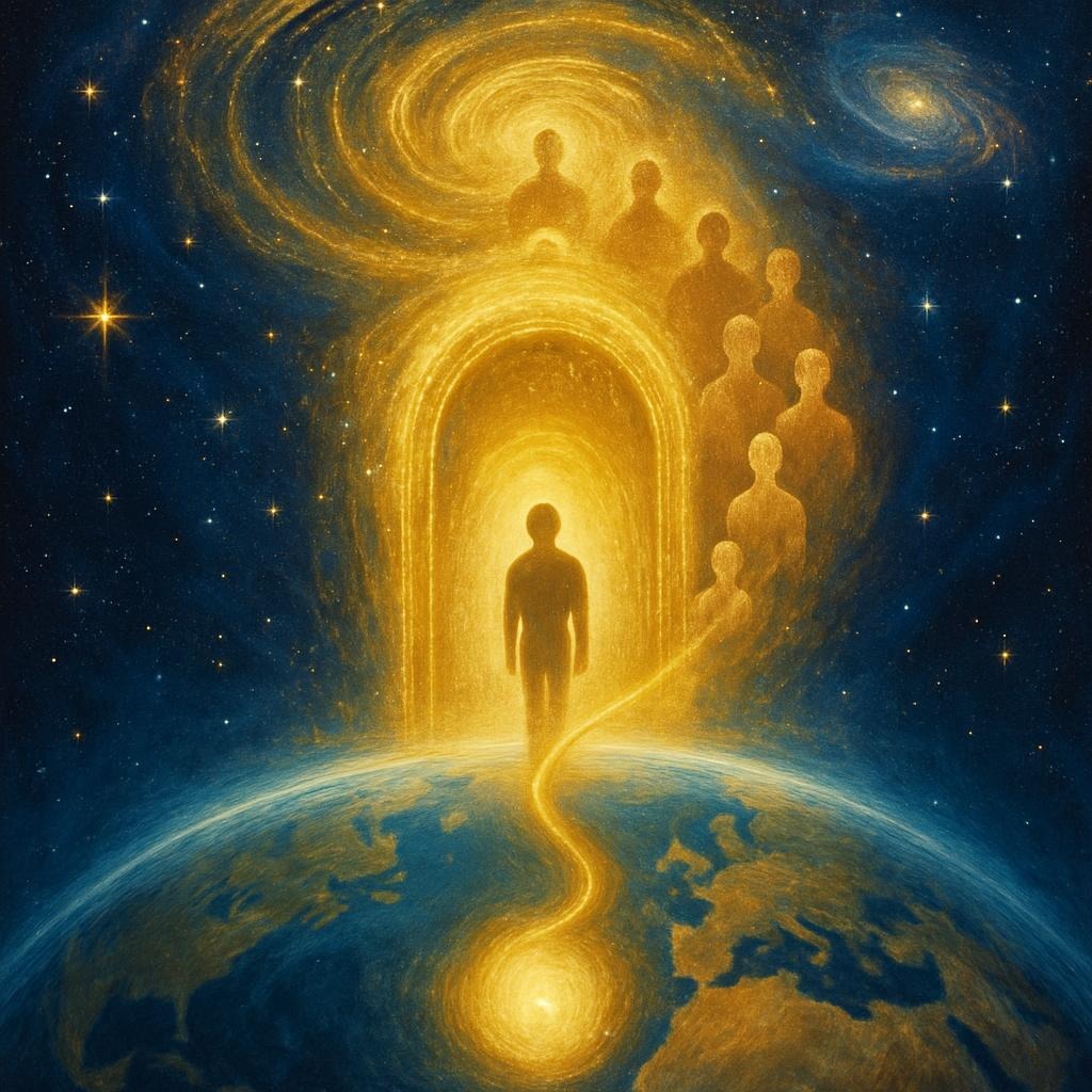 Mensch inkarniert und geht durch ein Lichttor auf die Erde