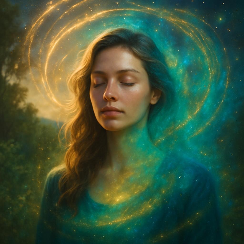 Frau ist von einem gold-smaragdgrünen Lichtwirbel umgeben