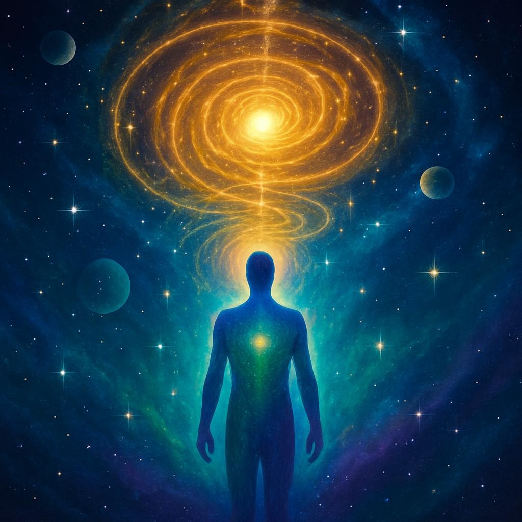 Mensch im Universum, verbunden mit göttlichem Lichtwirbel, Planeten