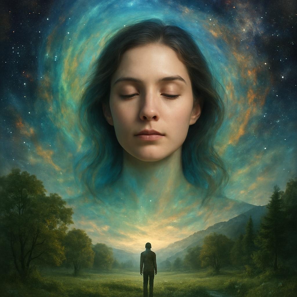 Mensch auf Erden, verbunden mit allem Sein, Frauenkopf im Kosmos